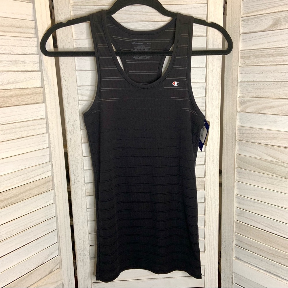 Champion Solid Black Logo Embroidery Semi Sheer Ribbed Stripe Tank Top New